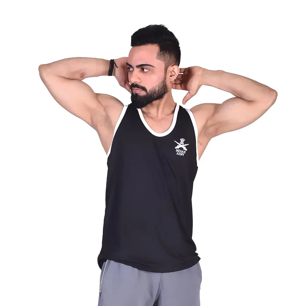 Sando sleeveless t-shirt black and white with Indian army print