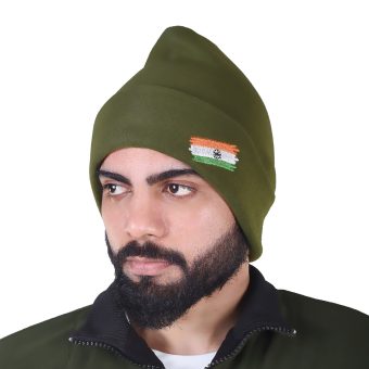 winter cap with green print with flag WOOLEN
